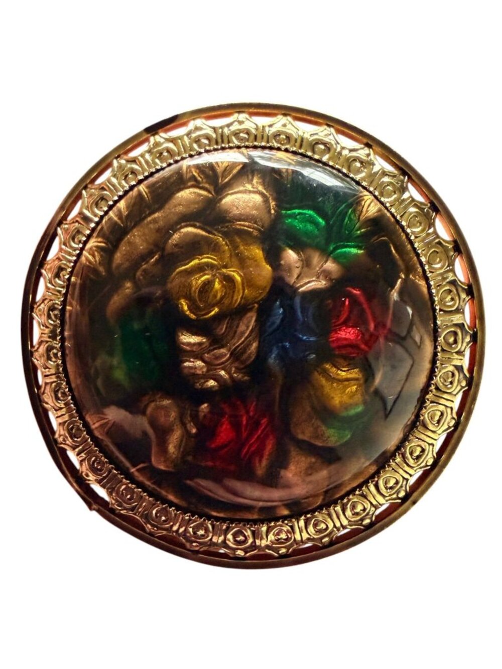 Vintage‎ Reverse Carved Lucite Brooch Gold Tone Floral Pin 1950s New Old Stock